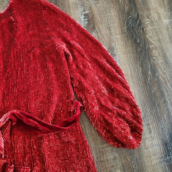 Retrofete Grace Mini Sequin Dress in Red Size Small Belt Long Sleeve - Picture 6 of 14